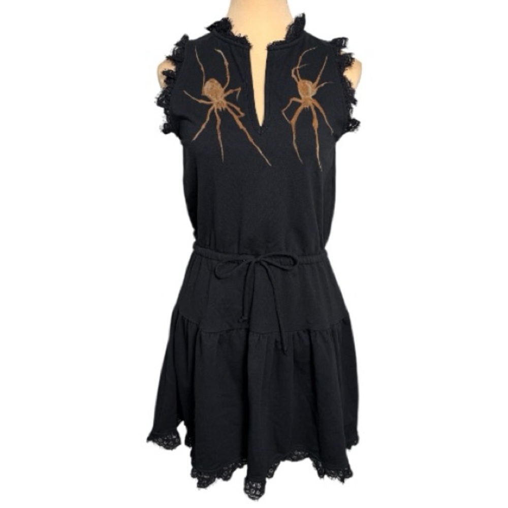 Anthropologie Sundays Tara Black Mini Dress XS Tiered Spider Design Bodice EUC